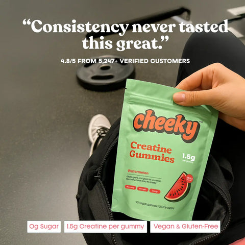 Hand holding Cheeky Creatine Gummies Watermelon pouch at the gym with quote saying “Consistency never tasted this great.”