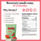 Cheeky Creatine Gummies nutrition facts panel and product bag with benefits like zero sugar, lab-tested purity, and 4.5g creatine per serving.