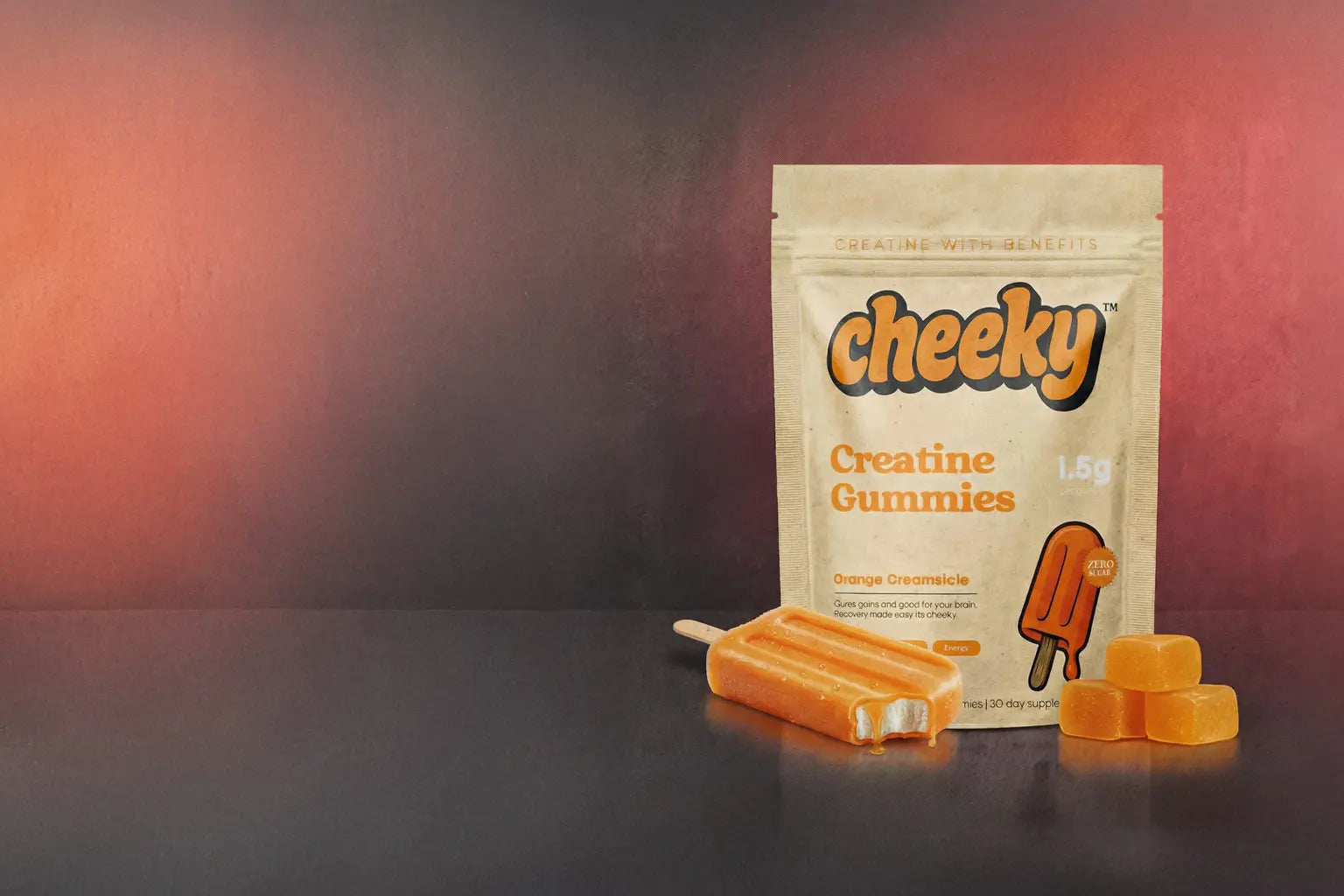 Cheeky creatine gummies in orange creamsicle flavor, zero sugar gummy creatine supplement