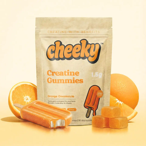 Cheeky creatine gummies in orange creamsicle flavor, zero sugar gummy creatine supplement