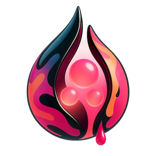 Colorful flame-like design with a central pink sphere on a white background