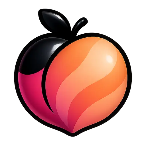 Colorful logo of a stylized peach with a black outline on a white background