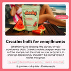 Cheeky Creatine Gummies Watermelon pouch on poolside table with watermelon slices and woman relaxing in background.