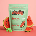 Cheeky Creatine Gummies Watermelon flavor pouch with watermelon slices on pink background.