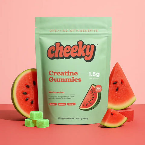 Cheeky Creatine Gummies Watermelon flavor pouch with watermelon slices on pink background.